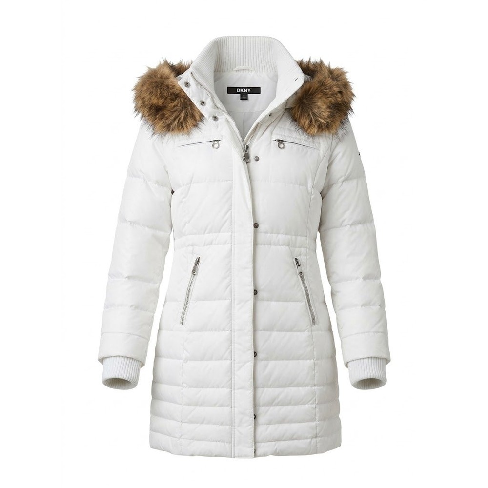 DKNY Puffer Coat Womens M White Faux Fur Hood Quilted Winter Jacket Cozy Luxury